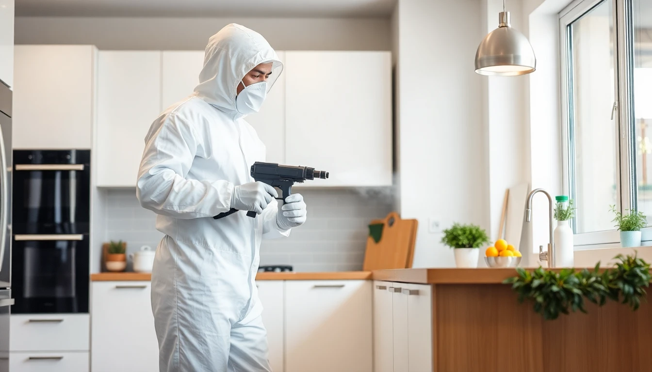 Technicien effectuant un traitement professionnel de désinsectisation